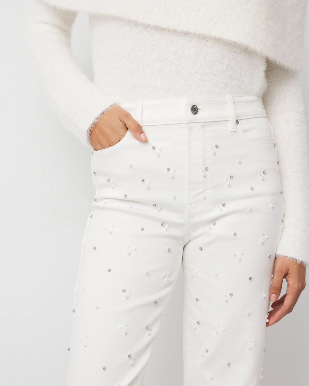 Rhinestone + Glass Pearl Extra High Rise Straight Jean | White